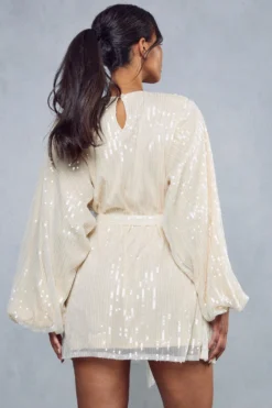 Sequin Shoulder Pad Mini Dress -Ves Trendy Sales cream sequin shoulder pad mini dress 3