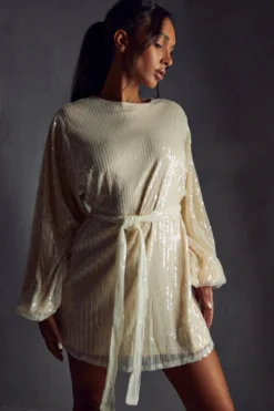 Sequin Shoulder Pad Mini Dress -Ves Trendy Sales cream sequin shoulder pad mini dress 5