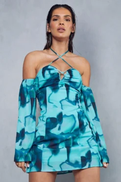 Abstract Print Halterneck Flare Sleeve Mini Dress