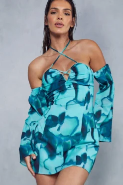 Abstract Print Halterneck Flare Sleeve Mini Dress 10 Abstract Print Halterneck Flare Sleeve Mini Dress -Ves Trendy Sales green abstract print halterneck flare sleeve mini dress 4