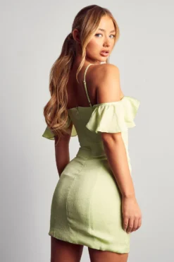 Frill Sleeve Cross Strap Mini Dress -Ves Trendy Sales green frill sleeve cross strap mini dress 2
