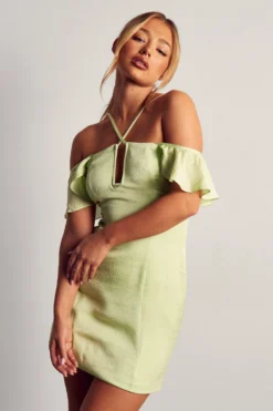 Frill Sleeve Cross Strap Mini Dress -Ves Trendy Sales green frill sleeve cross strap mini dress 3