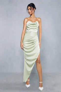 Premium Satin Corseted Asymmetric Maxi Dress -Ves Trendy Sales green premium satin corseted asymmetric maxi dress 3