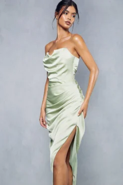 Premium Satin Corseted Asymmetric Maxi Dress -Ves Trendy Sales green premium satin corseted asymmetric maxi dress 4