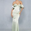 Premium Satin Corseted Bardot Frill Maxi Dress