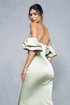 Premium Satin Corseted Bardot Frill Maxi Dress -Ves Trendy Sales green premium satin corseted bardot frill maxi dress 4