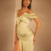 Premium Satin Draped Off The Shoulder Maxi Dress