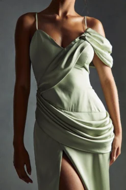 Premium Satin Draped Off The Shoulder Maxi Dress 8 Premium Satin Draped Off The Shoulder Maxi Dress -Ves Trendy Sales green premium satin draped off the shoulder maxi dress 2
