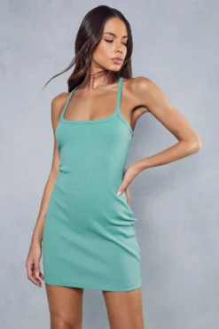 Ribbed Scoop Neck Cross Back Mini Dress