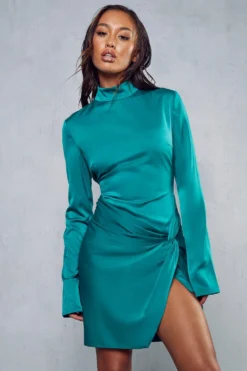 Satin High Neck Knot Skirt Mini Dress