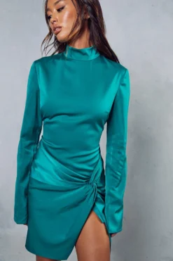 Satin High Neck Knot Skirt Mini Dress 10 Satin High Neck Knot Skirt Mini Dress -Ves Trendy Sales green satin high neck knot skirt mini dress 4