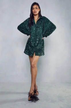 Sequin Oversized Shirt Dress 8 Sequin Oversized Shirt Dress -Ves Trendy Sales green sequin oversized shirt dress 3