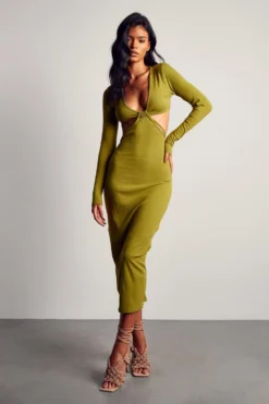 Soft Rib Cut Out Knot Front Maxi Dress 10 Soft Rib Cut Out Knot Front Maxi Dress -Ves Trendy Sales green soft rib cut out knot front maxi dress 4