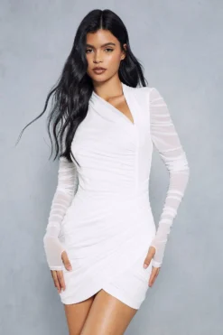 Mesh Ruched Wrap Long Sleeve Dress