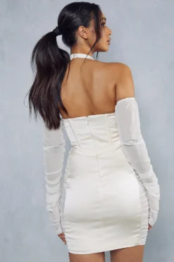 Premium Satin Corseted Mesh Insert Halterneck Dress -Ves Trendy Sales ivory premium satin corseted mesh insert halterneck dress 2