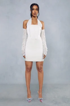 Premium Satin Corseted Mesh Insert Halterneck Dress -Ves Trendy Sales ivory premium satin corseted mesh insert halterneck dress 3