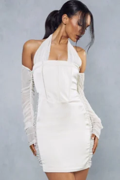 Premium Satin Corseted Mesh Insert Halterneck Dress -Ves Trendy Sales ivory premium satin corseted mesh insert halterneck dress 4