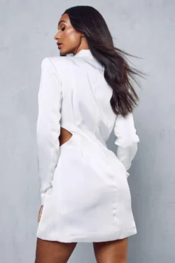 Premium Satin Pintuck Cut Out Blazer Dress -Ves Trendy Sales ivory premium satin pintuck cut out blazer dress 2