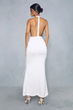 Premium Satin Pleated Halterneck Open Back Maxi Dress -Ves Trendy Sales ivory premium satin pleated halterneck open back maxi dress 2