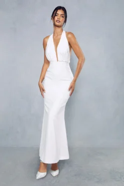 Premium Satin Pleated Halterneck Open Back Maxi Dress -Ves Trendy Sales ivory premium satin pleated halterneck open back maxi dress 3