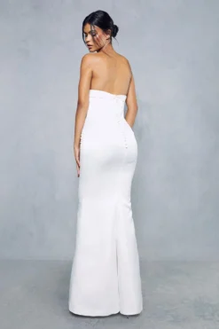 Premium Satin Strapless Corseted Button Detail Gown -Ves Trendy Sales ivory premium satin strapless corseted button detail gown 2