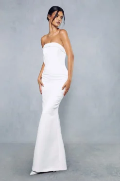 Premium Satin Strapless Corseted Button Detail Gown