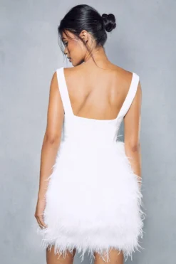 Premium Square Neck Corset Feather Skirt Mini Dress -Ves Trendy Sales ivory premium square neck corset feather skirt mini dress 2