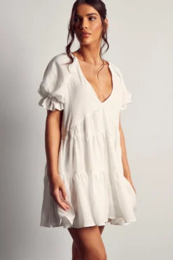 Puff Sleeve Plunge Tiered Smock Dress