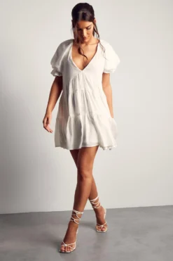 Puff Sleeve Plunge Tiered Smock Dress -Ves Trendy Sales ivory puff sleeve plunge tiered smock dress 3