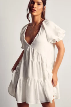 Puff Sleeve Plunge Tiered Smock Dress -Ves Trendy Sales ivory puff sleeve plunge tiered smock dress 4