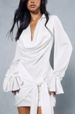 Satin Draped Plunge Collared Mini Dress -Ves Trendy Sales ivory satin draped plunge collared mini dress 2