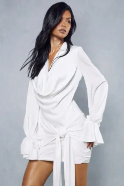 Satin Draped Plunge Collared Mini Dress -Ves Trendy Sales ivory satin draped plunge collared mini dress 5