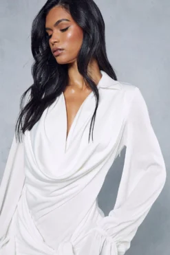 Satin Draped Plunge Collared Mini Dress -Ves Trendy Sales ivory satin draped plunge collared mini dress 6