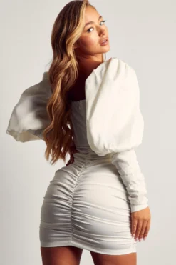 Satin Puff Shoulder Mini Dress -Ves Trendy Sales ivory satin puff shoulder mini dress 2