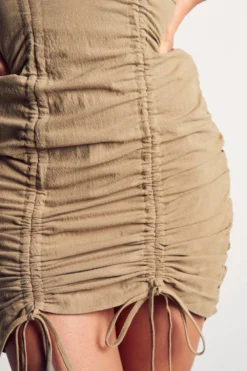 Linen Look Ruched Front Short Sleeve Shirt Dress -Ves Trendy Sales khaki linen look ruched front short sleeve shirt dress 5