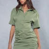 Poplin Short Sleeve Ruched Shirt Dress
