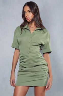 Poplin Short Sleeve Ruched Shirt Dress