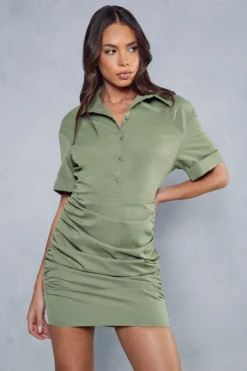 Poplin Short Sleeve Ruched Shirt Dress 9 Poplin Short Sleeve Ruched Shirt Dress -Ves Trendy Sales khaki poplin short sleeve ruched shirt dress 4