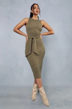 Rib Tie Waist Racer Neck Midi Dress