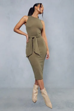 Rib Tie Waist Racer Neck Midi Dress -Ves Trendy Sales khaki rib tie waist racer neck midi dress 3