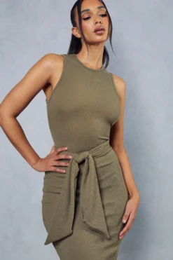 Rib Tie Waist Racer Neck Midi Dress -Ves Trendy Sales khaki rib tie waist racer neck midi dress 4