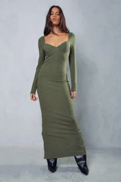 Ribbed Cupped Long Sleeve Maxi Dress 9 Ribbed Cupped Long Sleeve Maxi Dress -Ves Trendy Sales khaki ribbed cupped long sleeve maxi dress 3