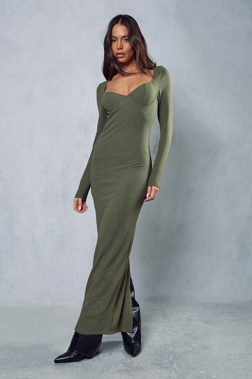 Ribbed Cupped Long Sleeve Maxi Dress 1 Ribbed Cupped Long Sleeve Maxi Dress