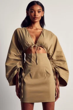 Ruched Sleeve Strappy Shirt Dress -Ves Trendy Sales khaki ruched sleeve strappy shirt dress 3