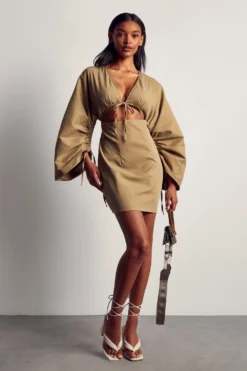 Ruched Sleeve Strappy Shirt Dress -Ves Trendy Sales khaki ruched sleeve strappy shirt dress 4