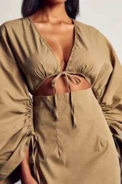 Ruched Sleeve Strappy Shirt Dress -Ves Trendy Sales khaki ruched sleeve strappy shirt dress 5