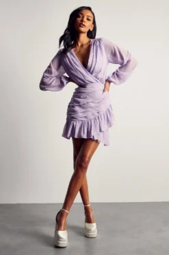 Chiffon Ruched Frill Detail Mini Dress -Ves Trendy Sales lilac chiffon ruched frill detail mini dress 3