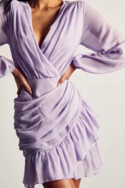 Chiffon Ruched Frill Detail Mini Dress -Ves Trendy Sales lilac chiffon ruched frill detail mini dress 4
