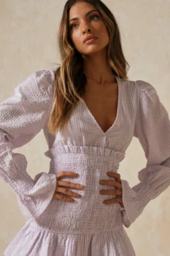 Gingham Shirred Waist Mini Dress -Ves Trendy Sales lilac gingham shirred waist mini dress 2