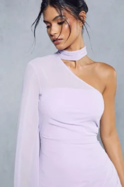 Sheer Overlay Ruched Choker Neck Asymmetric Midi Dress 9 Sheer Overlay Ruched Choker Neck Asymmetric Midi Dress -Ves Trendy Sales lilac sheer overlay ruched choker neck asymmetric midi dress 2